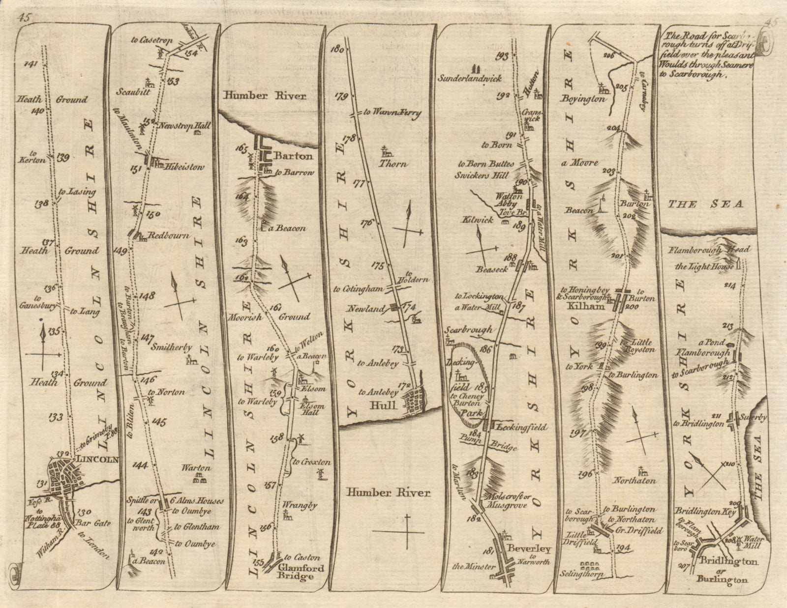Lincoln Hull Beverley Scarborough Bridlington Flamborough KITCHIN road map 1767